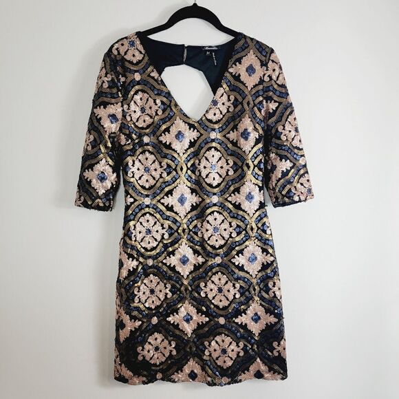 MARINEBLU Gold Blue Sequin V-neck Keyhole Back Dress Size M - Picture 5 of 11